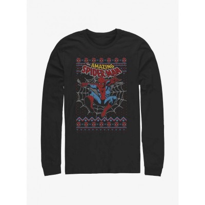 Marvel Ugly Christmas T-Shirt for Men - Spider-Man Web Jump Long Sleeve - Black