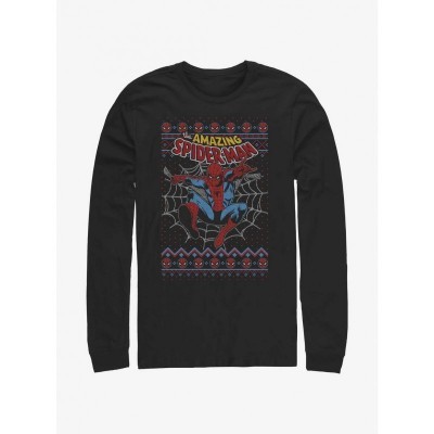 Marvel Ugly Christmas T-Shirt for Men - Spider-Man Web Jump Long Sleeve - Black