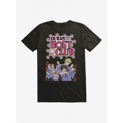 Ouran High School Host Club Black T-Shirt with Pink Roses - Men's Size