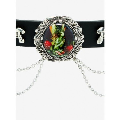 Fairy Portrait Choker by Trick - Adjustable Faux Leather with Mushroom Charms
