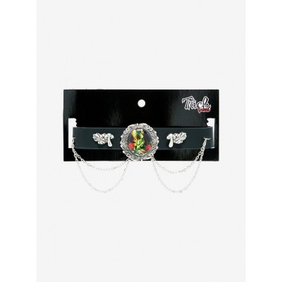 Fairy Portrait Choker by Trick - Adjustable Faux Leather with Mushroom Charms